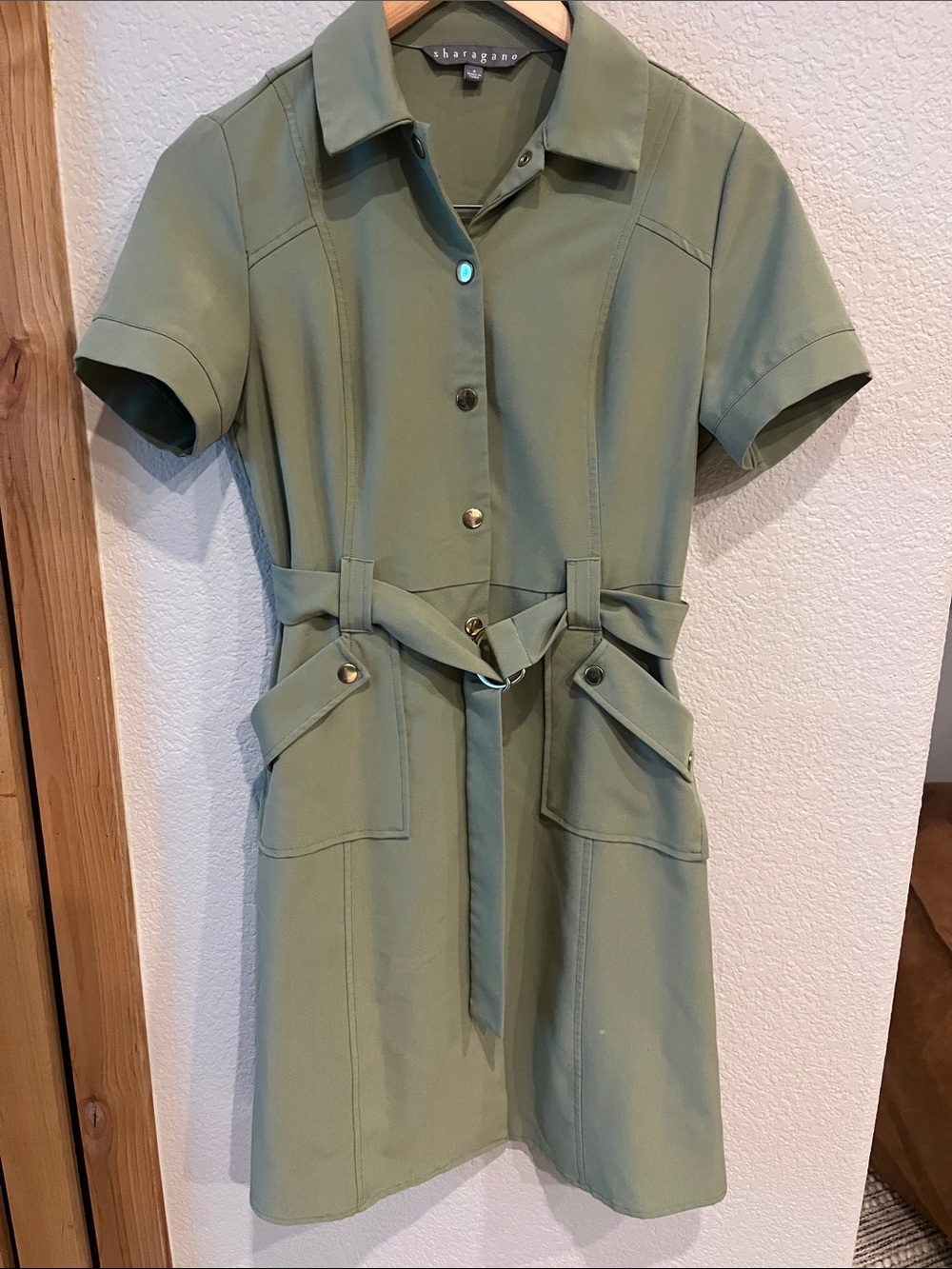 Sharagano Olive Green Short Sleeve Utility Dress